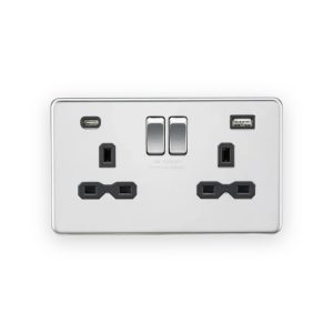 Knightsbridge 13A 2G SP Switched Socket with Dual USB A+C (5V DC 4.0A shared) - Polished Chrome with Black Insert