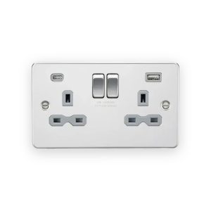 Knightsbridge 13A 2G SP Switched Socket with Dual USB A+C (5V DC 4.0A shared) - Polished Chrome with Grey Insert