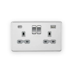 Knightsbridge 13A 2G SP Switched Socket with Dual USB A+C (5V DC 4.0A shared) - Polished Chrome with Grey Insert