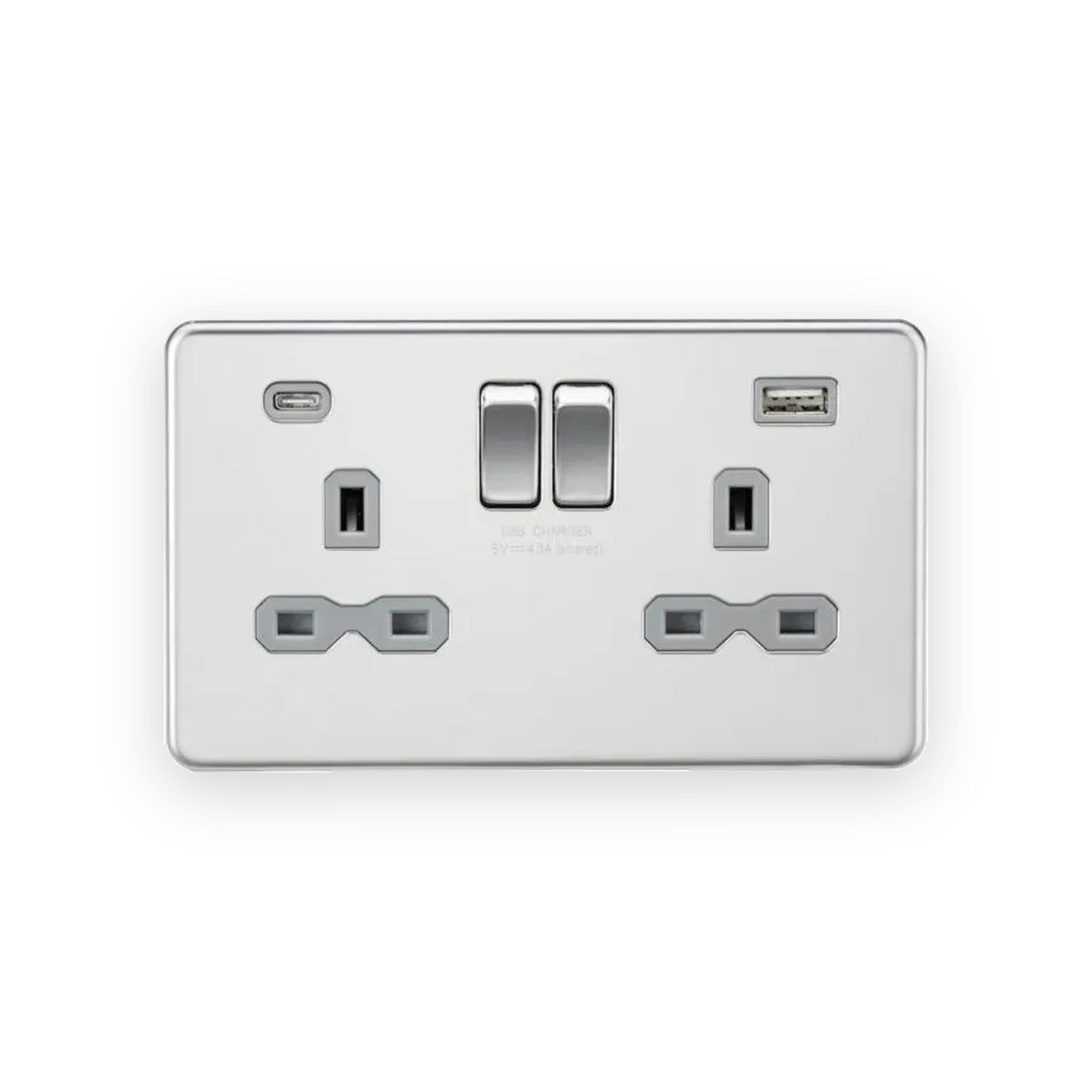 knightsbridge-13a-2g-sp-switched-socket-with-dual-usb-a-c-5v-dc-4-0a-shared-polished-chrome-with-grey-insert-sfr9940pcg-gallery-01 Knightsbridge 13A 2G SP Switched Socket with Dual USB A+C (5V DC 4.0A shared) - Polished Chrome with Grey Insert