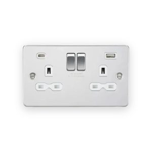 Knightsbridge 13A 2G SP Switched Socket with Dual USB A+C (5V DC 4.0A shared) - Polished Chrome with White Insert