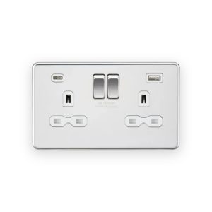 Knightsbridge 13A 2G SP Switched Socket with Dual USB A+C (5V DC 4.0A shared) - Polished Chrome with White Insert