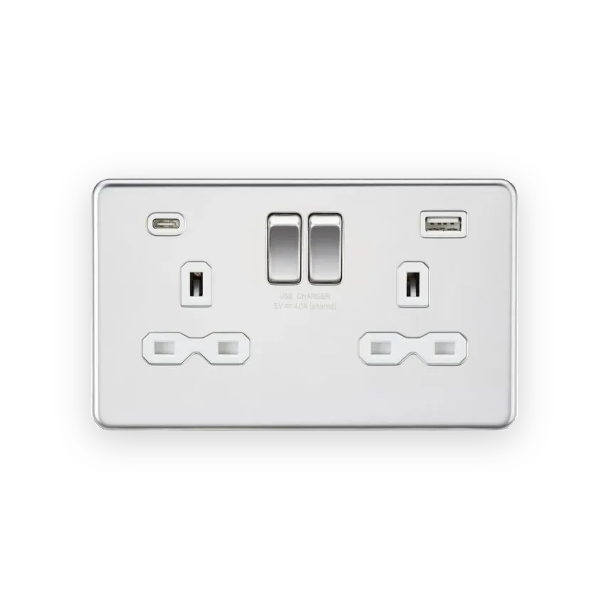 knightsbridge-13a-2g-sp-switched-socket-with-dual-usb-a-c-5v-dc-4-0a-shared-polished-chrome-with-white-insert-sfr9940pcw-gallery-01 Knightsbridge 13A 2G SP Switched Socket with Dual USB A+C (5V DC 4.0A shared) - Polished Chrome with White Insert