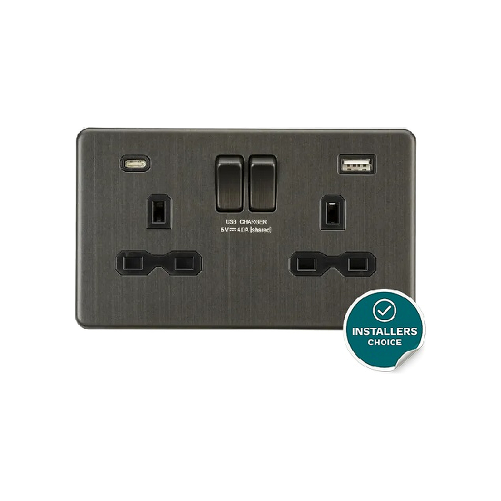 knightsbridge-13a-2g-sp-switched-socket-with-dual-usb-a-c-5v-dc-4-0a-shared-smoked-bronze-with-black-insert-sfr9940sb-gallery-01 Knightsbridge 13A 2G SP Switched Socket with Dual USB A+C (5V DC 4.0A shared) - Smoked Bronze with Black Insert