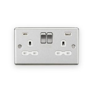 Knightsbridge 13A 2G SP Switched Socket with Dual USB C+A 5V DC 4.0A [shared] - Brushed Chrome with White Insert