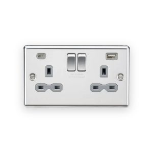 Knightsbridge 13A 2G SP Switched Socket with Dual USB C+A 5V DC 4.0A [Shared] - Polished Chrome With Grey Insert