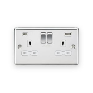 Knightsbridge 13A 2G SP Switched Socket with Dual USB C+A 5V DC 4.0A [Shared] - Polished Chrome with White Insert