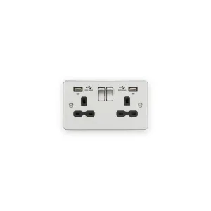 Knightsbridge 13A 2G Switched Socket, Dual USB (2.4A) with LED Charge Indicators - Brushed Chrome w/Black Insert