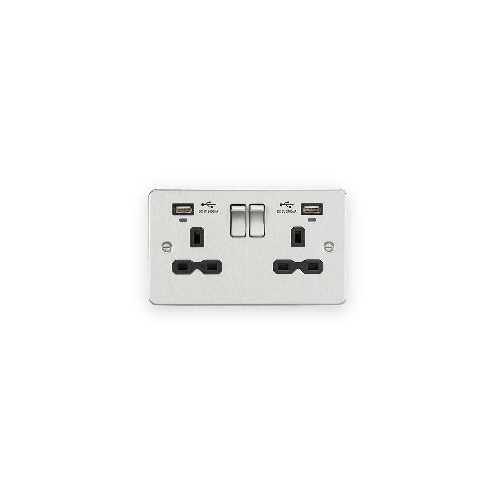 Knightsbridge 13A 2G Switched Socket, Dual USB (2.4A) with LED Charge Indicators - Brushed Chrome w/Black Insert Knightsbridge 13A 2G Switched Socket, Dual USB (2.4A) with LED Charge Indicators - Brushed Chrome w/Black Insert