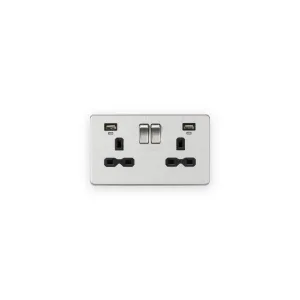 Knightsbridge 13A 2G Switched Socket, Dual USB (2.4A) with LED Charge Indicators - Brushed Chrome w/black insert