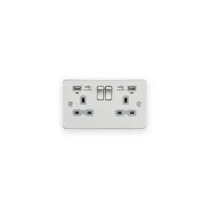Knightsbridge 13A 2G Switched Socket, Dual USB (2.4A) with LED Charge Indicators - Brushed Chrome w/Grey Insert