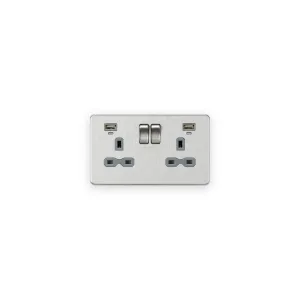Knightsbridge 13A 2G Switched Socket, Dual USB (2.4A) with LED Charge Indicators - Brushed Chrome w/grey insert