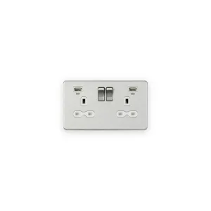 Knightsbridge 13A 2G Switched Socket, Dual USB (2.4A) with LED Charge Indicators - Brushed Chrome w/white insert
