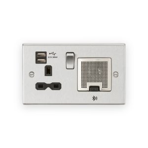 Knightsbridge 13A Socket Bluetooth Speaker and Dual USB A+A (5V DC 2.4A shared) - Brushed Chrome with Black Insert