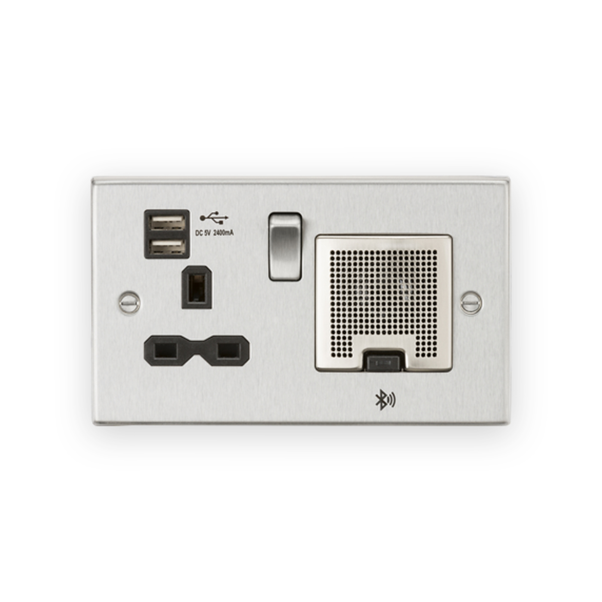 knightsbridge-13a-socket-bluetooth-speaker-and-dual-usb-a-a-5v-dc-2-4a-shared-brushed-chrome-with-black-insert-cs9905bc Knightsbridge 13A Socket Bluetooth Speaker and Dual USB A+A (5V DC 2.4A shared) - Brushed Chrome with Black Insert