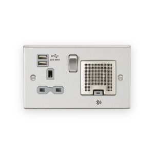 Knightsbridge 13A Socket Bluetooth Speaker and Dual USB A+A (5V DC 2.4A shared) - Brushed Chrome with Grey Insert