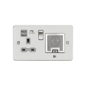 Knightsbridge 13A Socket Bluetooth Speaker And Dual USB A+A (5V DC 2.4A shared) - Brushed Chrome With Grey Insert