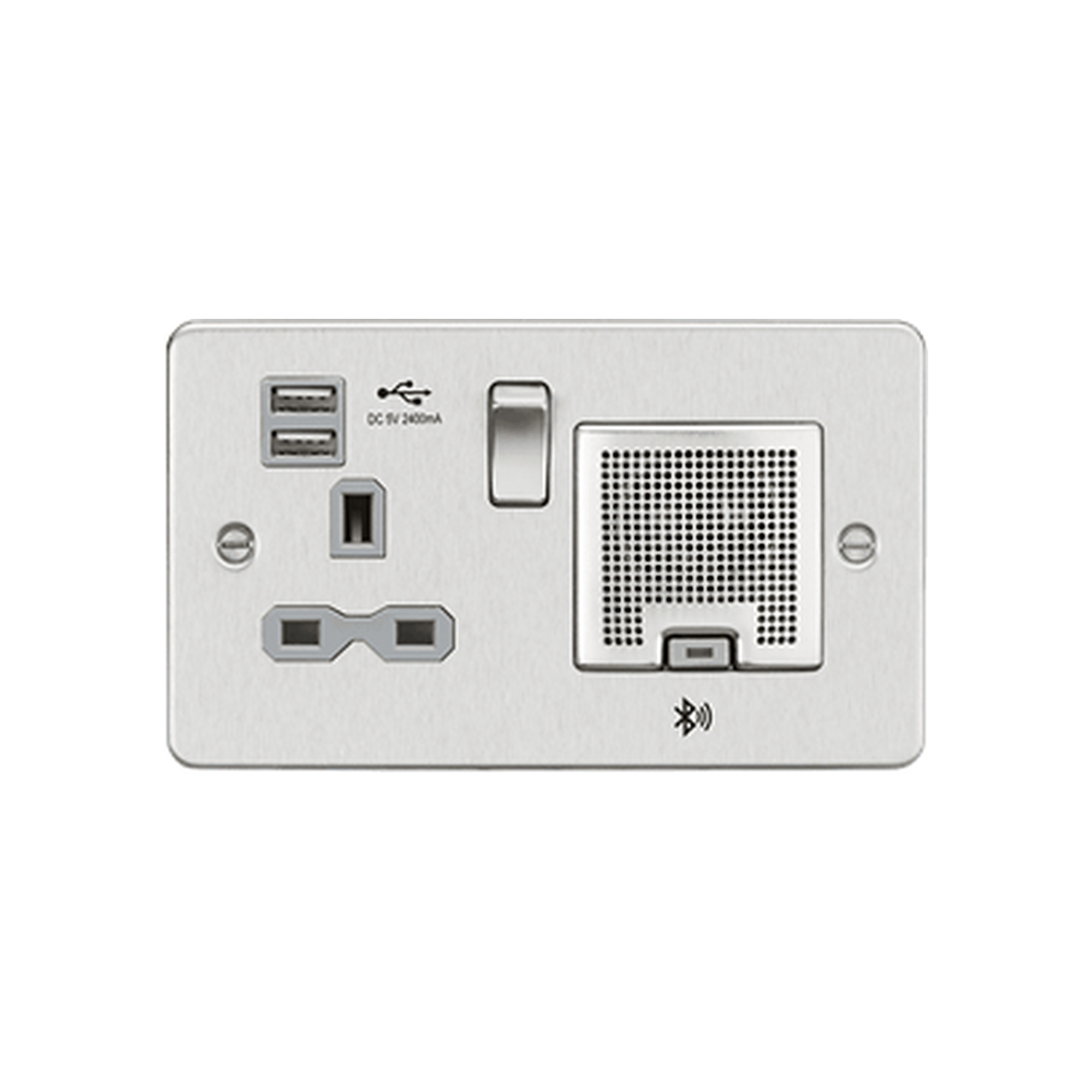 knightsbridge-13a-socket-bluetooth-speaker-and-dual-usb-a-a-5v-dc-2-4a-shared-brushed-chrome-with-grey-insert-fpr9905bcg-gallery-01 Knightsbridge 13A Socket Bluetooth Speaker And Dual USB A+A (5V DC 2.4A shared) - Brushed Chrome With Grey Insert