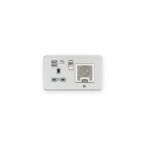 Knightsbridge 13A Socket Bluetooth Speaker and Dual USB A+A (5V DC 2.4A shared) - Brushed Chrome with Grey Insert