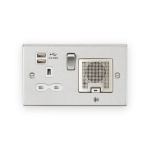 Knightsbridge 13A Socket Bluetooth Speaker and Dual USB A+A (5V DC 2.4A shared) - Brushed Chrome with White Insert