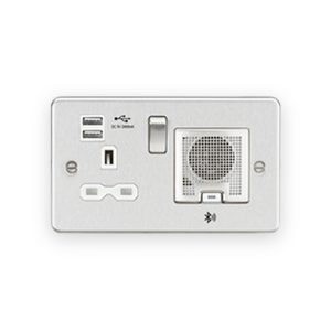 Knightsbridge 13A Socket Bluetooth Speaker And Dual USB A+A (5V DC 2.4A Shared) - Brushed Chrome With White Insert