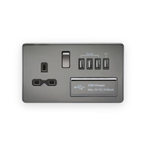 Knightsbridge 13A Switched Socket with Quad USB-A (5V DC 5.1A shared) - Black Nickel with Black Insert