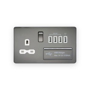 Knightsbridge 13A Switched Socket with Quad USB-A (5V DC 5.1A shared) - Black Nickel with White Insert