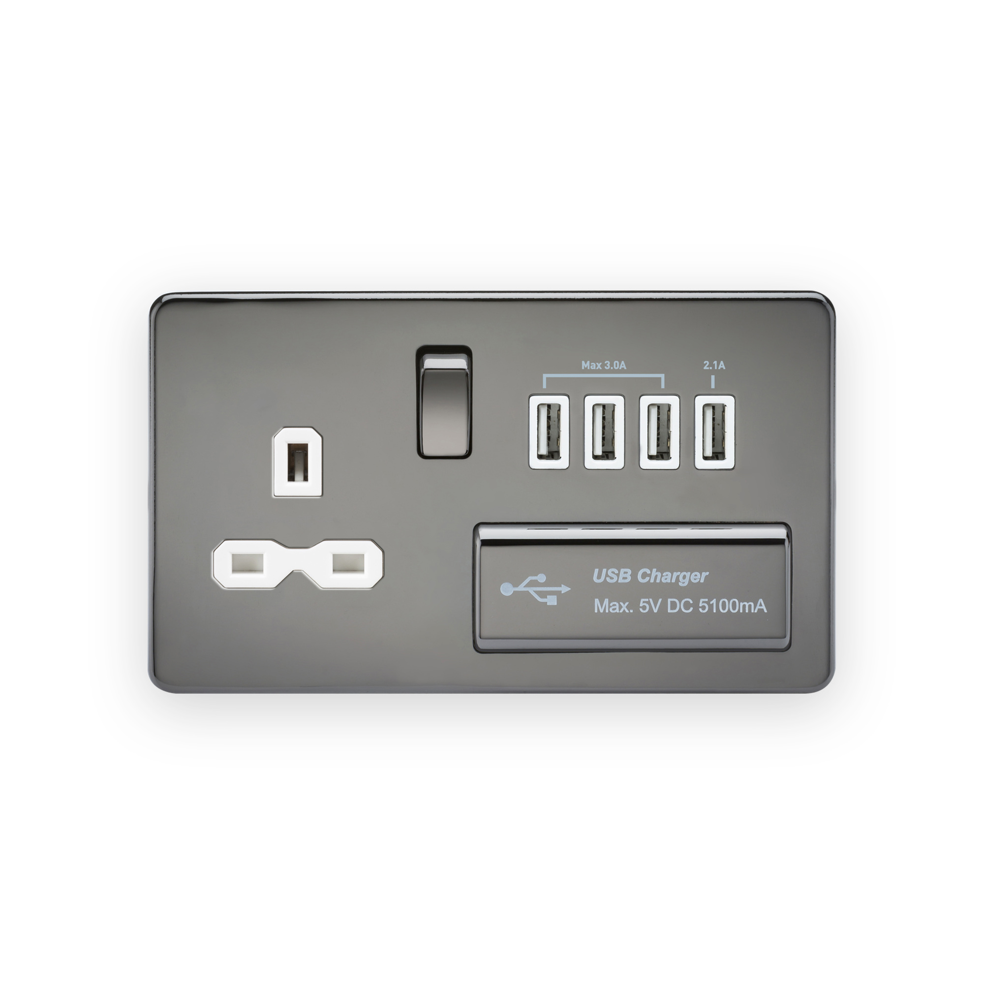 knightsbridge-13a-switched-socket-with-quad-usb-a-5v-dc-5-1a-shared-black-nickel-with-white-insert-5055832945406-gallery-01 Knightsbridge 13A Switched Socket with Quad USB-A (5V DC 5.1A shared) - Black Nickel with White Insert