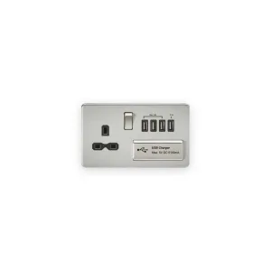 Knightsbridge 13A Switched Socket with Quad USB-A (5V DC 5.1A shared) - Brushed Chrome with Black Insert