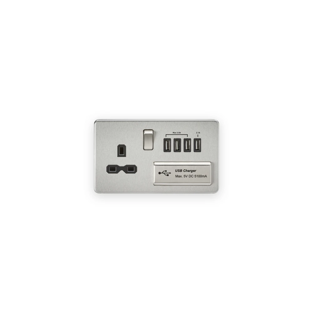 Knightsbridge 13A Switched Socket with Quad USB-A (5V DC 5.1A shared) - Brushed Chrome with Black Insert Knightsbridge 13A Switched Socket with Quad USB-A (5V DC 5.1A shared) - Brushed Chrome with Black Insert