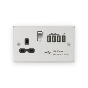 Knightsbridge 13A Switched Socket with Quad USB-A (5V DC 5.1A shared) - Brushed Chrome with Black Insert