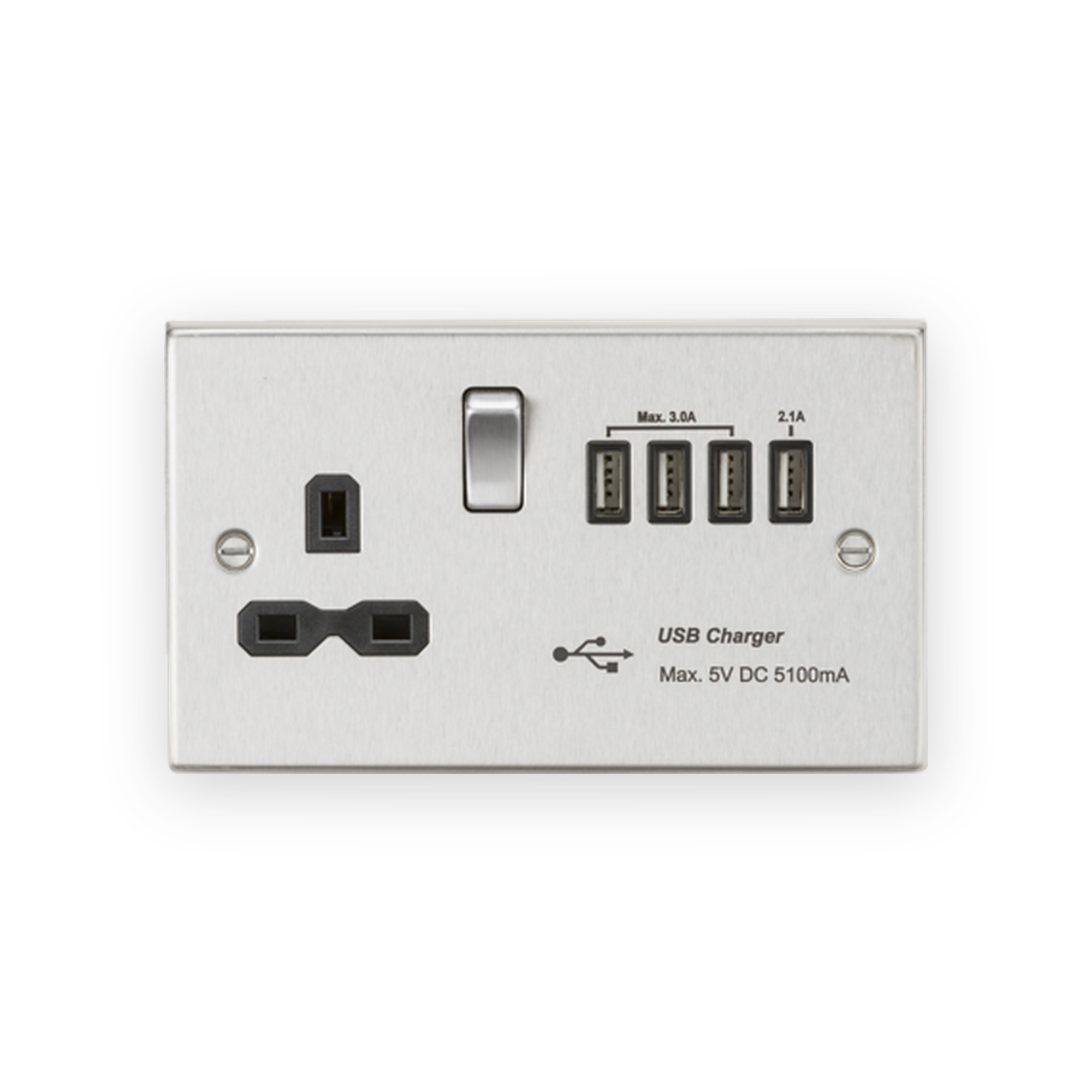 knightsbridge-13a-switched-socket-with-quad-usb-a-5v-dc-5-1a-shared-brushed-chrome-with-black-insert-cs7usb4bc Knightsbridge 13A Switched Socket with Quad USB-A (5V DC 5.1A shared) - Brushed Chrome with Black Insert