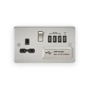 Knightsbridge 13A Switched Socket With Quad USB-A (5V DC 5.1A Shared) - Brushed Chrome With Black Insert