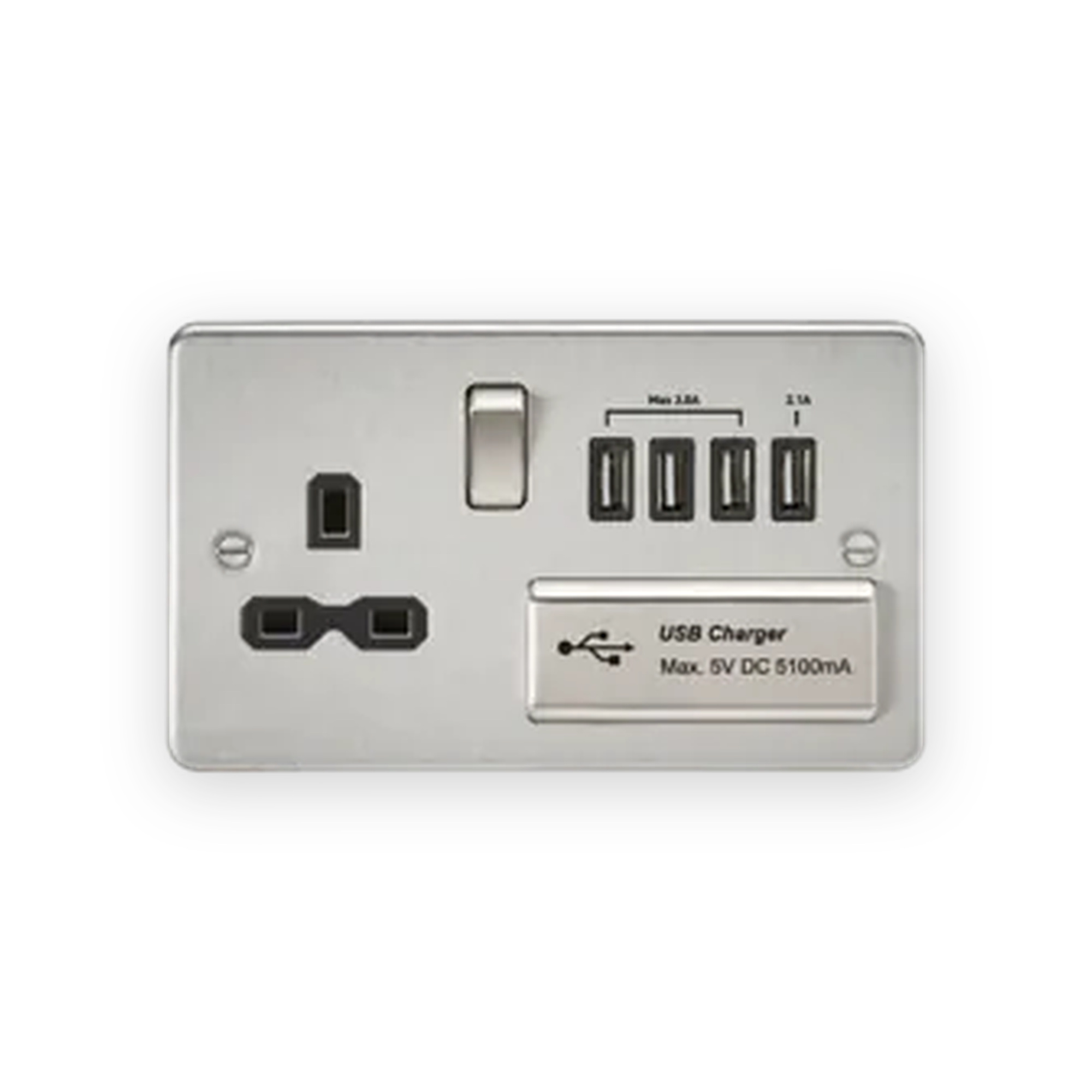 knightsbridge-13a-switched-socket-with-quad-usb-a-5v-dc-5-1a-shared-brushed-chrome-with-black-insert-fpr7usb4bc Knightsbridge 13A Switched Socket With Quad USB-A (5V DC 5.1A Shared) - Brushed Chrome With Black Insert