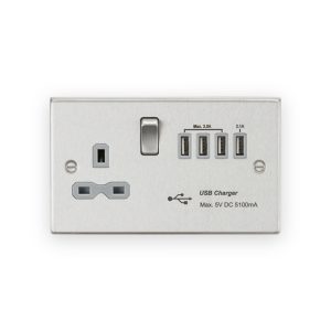 Knightsbridge 13A Switched Socket with Quad USB-A (5V DC 5.1A shared) - Brushed Chrome with Grey Insert