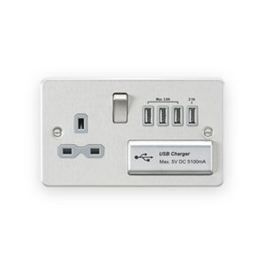 Knightsbridge 13A Switched Socket With Quad USB-A (5V DC 5.1A Shared) - Brushed Chrome with Grey Insert