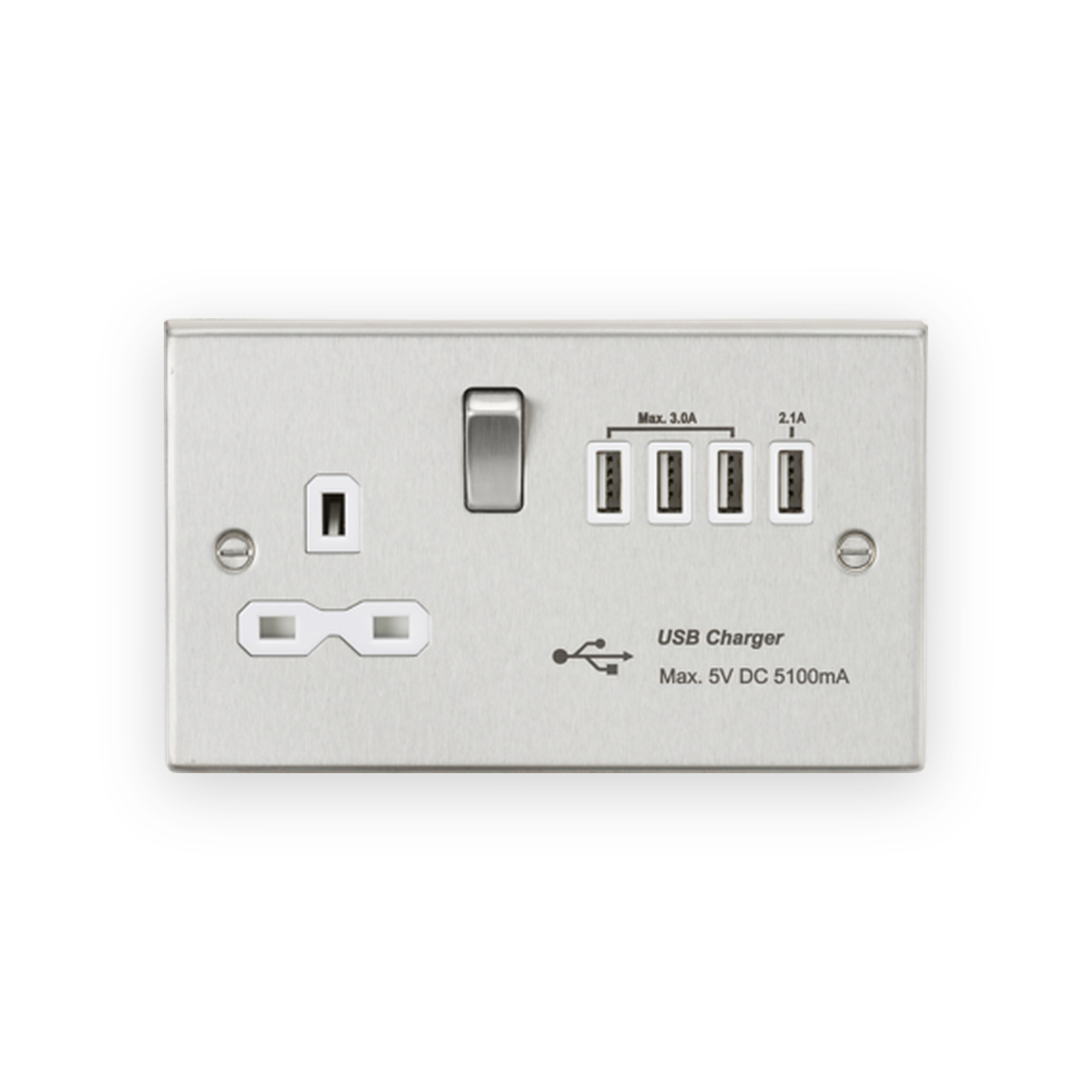 knightsbridge-13a-switched-socket-with-quad-usb-a-5v-dc-5-1a-shared-brushed-chrome-with-white-insert-cs7usb4bcw Knightsbridge 13A Switched Socket with Quad USB-A (5V DC 5.1A shared) - Brushed Chrome with White Insert