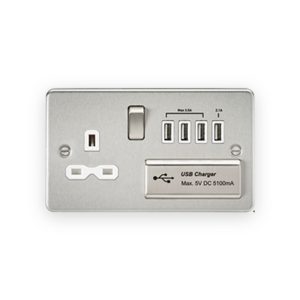 Knightsbridge 13A Switched Socket With Quad USB-A (5V DC 5.1A Shared) - Brushed Chrome With White Insert