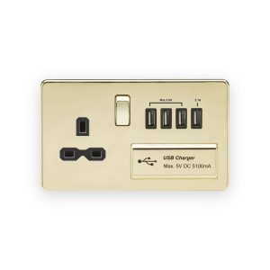Knightsbridge 13A Switched Socket with Quad USB-A (5V DC 5.1A shared) - Polished Brass with Black Insert