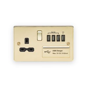 Knightsbridge 13A Switched Socket With Quad USB-A (5V DC 5.1A Shared) - Polished Brass With Black Insert