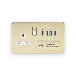 Knightsbridge 13A Switched Socket with Quad USB-A (5V DC 5.1A shared) - Polished Brass with White Insert