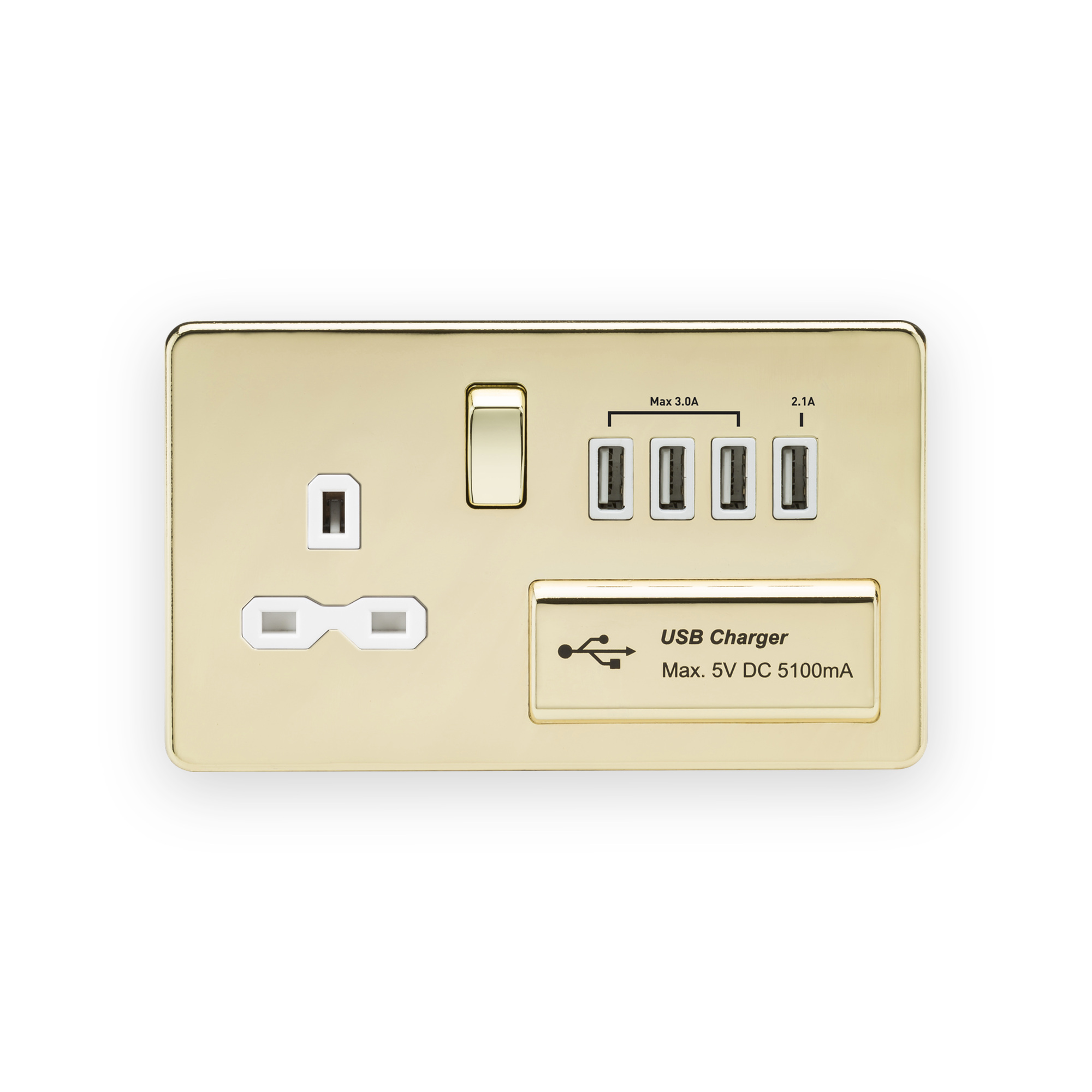 knightsbridge-13a-switched-socket-with-quad-usb-a-5v-dc-5-1a-shared-polished-brass-with-white-insert-5055832945499-gallery-01 Knightsbridge 13A Switched Socket with Quad USB-A (5V DC 5.1A shared) - Polished Brass with White Insert
