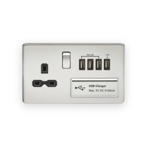 Knightsbridge 13A Switched Socket with Quad USB-A (5V DC 5.1A shared) - Polished Chrome with Black Insert