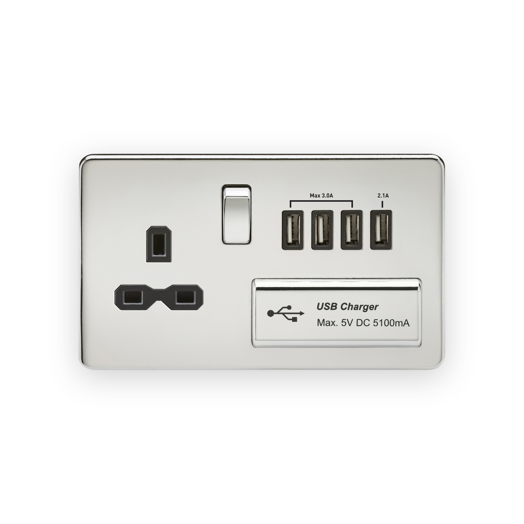 knightsbridge-13a-switched-socket-with-quad-usb-a-5v-dc-5-1a-shared-polished-chrome-with-black-insert-5055832945529-gallery-01 Knightsbridge 13A Switched Socket with Quad USB-A (5V DC 5.1A shared) - Polished Chrome with Black Insert