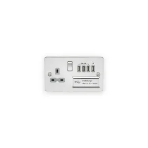 Knightsbridge 13A Switched Socket with Quad USB-A (5V DC 5.1A shared) - Polished Chrome with Grey Insert