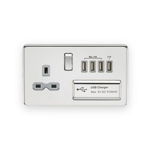 Knightsbridge 13A Switched Socket With Quad USB-A (5V DC 5.1A Shared) - Polished Chrome With Grey Insert