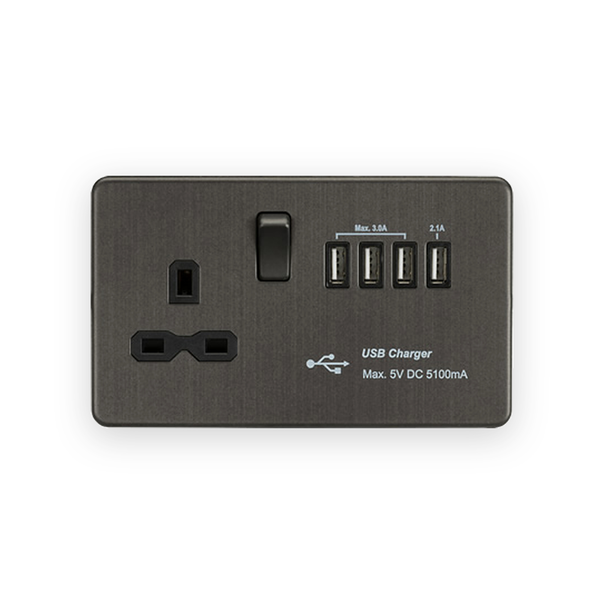 knightsbridge-13a-switched-socket-with-quad-usb-a-5v-dc-5-1a-shared-smoked-bronze-with-black-insert-sfr7usb4sb Knightsbridge 13A Switched Socket with Quad USB-A (5V DC 5.1A shared) - Smoked Bronze with Black Insert