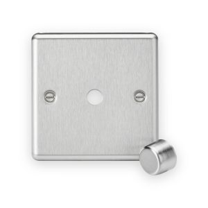 Knightsbridge 1G Dimmer Plate with Matching Metal Dimmer Cap - Brushed Chrome shown with separate dimmer cap