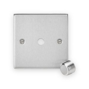 Knightsbridge 1G Dimmer Plate with Matching Metal Dimmer Cap - Brushed Chrome shown with separate dimmer cap