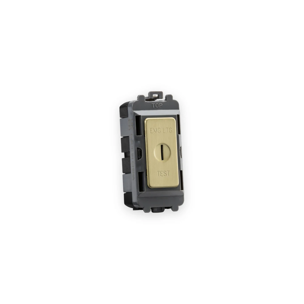 Knightsbridge 20AX DP Key Module (Marked EMG LTG TEST) - Brushed Brass shown in mounting frame Knightsbridge 20AX DP Key Module (Marked EMG LTG TEST) - Brushed Brass shown in mounting frame